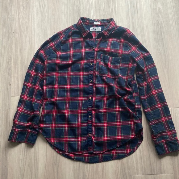 Hollister Navy Blue and Red Long Plaid Flannel Shirt - Picture 4 of 6